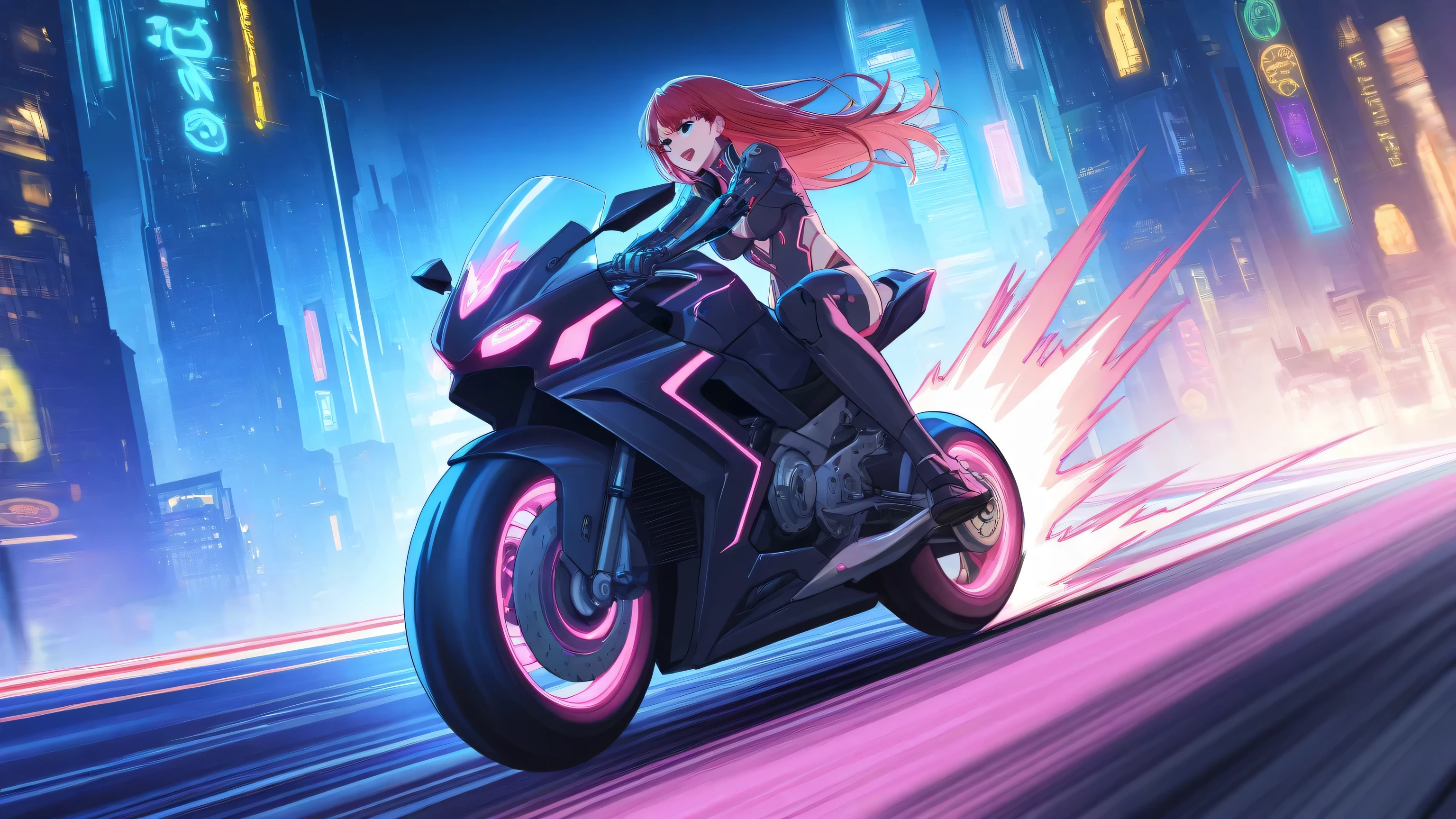 "A cybernetic anime-style woman racing through a neon-lit cyberpunk city at night, riding a futuristic motorcycle at high speed, glowing signs and towering skyscrapers in the background, wearing a and high-tech mechanical limbs, dynamic motion blur, energetic composition, vibrant colors"