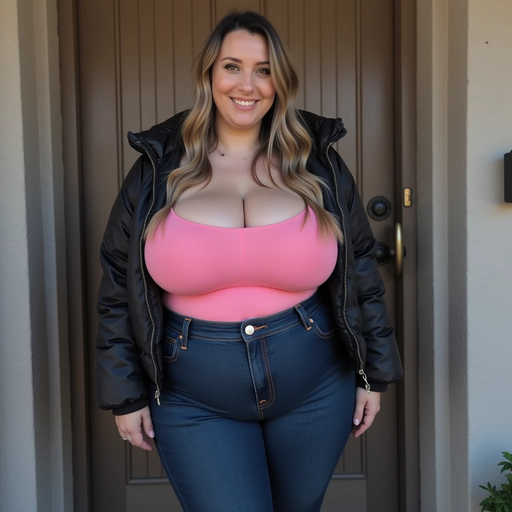Cuckold chubby mature (56 fifty-six years old) thic voluptuous white hotwife, brown long hair,chubby belly, wearing jeans and pink blouse, golden necklace, standing up, doctor's office, smiley expression,illustrations, ultra-detailed, realistic, vivid colors, full body picture, warm tones, soft lighting, photo from the rear