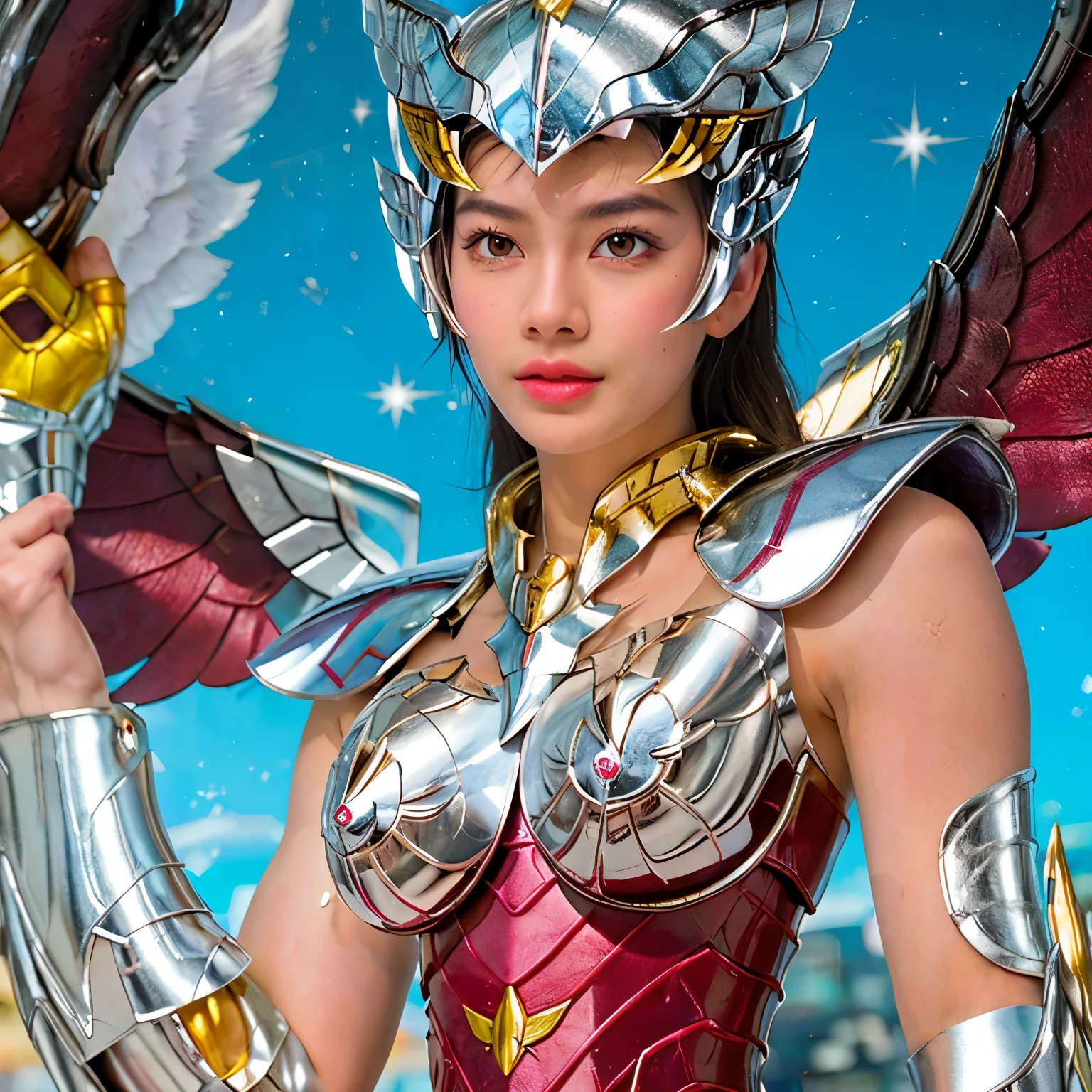 Masterpiece, best quality, Ultra high resolution, Realistic skin texture,armor plateada, armor, Falda (Photorealistic:1.4), high resolution, RAW photo, A girl, shiny skin, (leather detail:1.2), Realistic skin texture, better lighting, (perfect breast:1.3), Shine, armor mecha, (short hair:1.2), (Pegasus Seiya:1.2), Wearing a winged helmet , dramatic lighting, dynamic pose, epic background