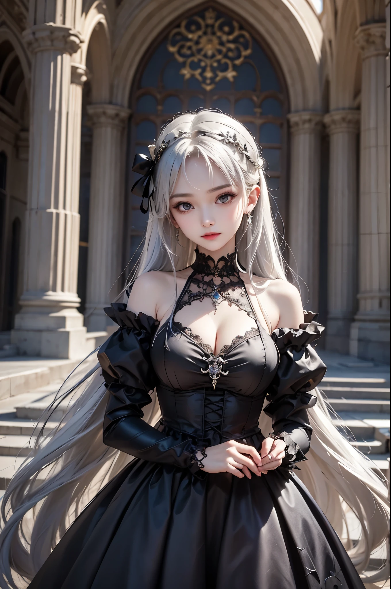 (masterpiece:1.4, best quality, 8k, dutch angle,Realistic、Photorealistic illustrations, Every detail、Intricate details)(1girl, solo)(cute girl, Detailed faces down to the smallest detail、 small beautiful breasts, beauty white hair:1.5, Cute Asian Girl、Beautiful cleavage)(Gothic、Lolita Costume、black gothic dress、Monotone dress)(Put your hand on the wall, floating hair)(Britain in the late 20th century、A row of stone houses、out door、moon、Soft Light、Fantastic lights、Beautiful hair that shines through the light)