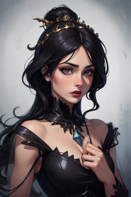 Comic Book Style Portrait of a tall, pale Queen, with long black Hair, golden eyes, Royal attire, elegant dress, sorceress, perfect composition, hyper-detailed, 8K, high quality, perfect eyes, trending art, trending on artstation, sharp focus, studio photo, intricate details, by Matteo Scalera