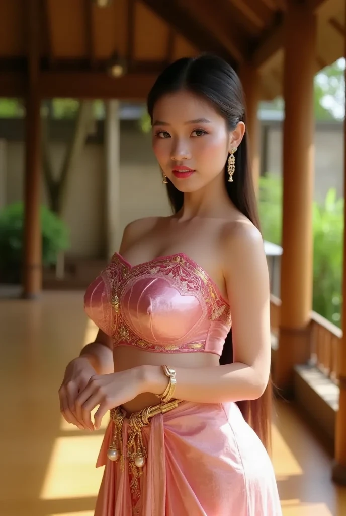 (masterpiece), best quality, ultra high res, , (princess:1.3), standing, (NSFW), lace underwear, beautiful face,( thailand tradition house:1.3),,(cute girl:1.3), ( thai ombre magenta pink detailed traditional dress:1.3),(traditional body strap:1.2) big ,detailed background , gloves, hair bun, , big hair_ornament, ear ornaments, ear peice, ear jewelries, big crown, big jewelry, hair_stick, jewelry, necklace, bracelets, arms jewelry, (seductive:1.3), ( looking at viewer:1.5) , ocean,flowers, beautiful day, close eyes, enjoying the breeze ,beautiful smile, big breast