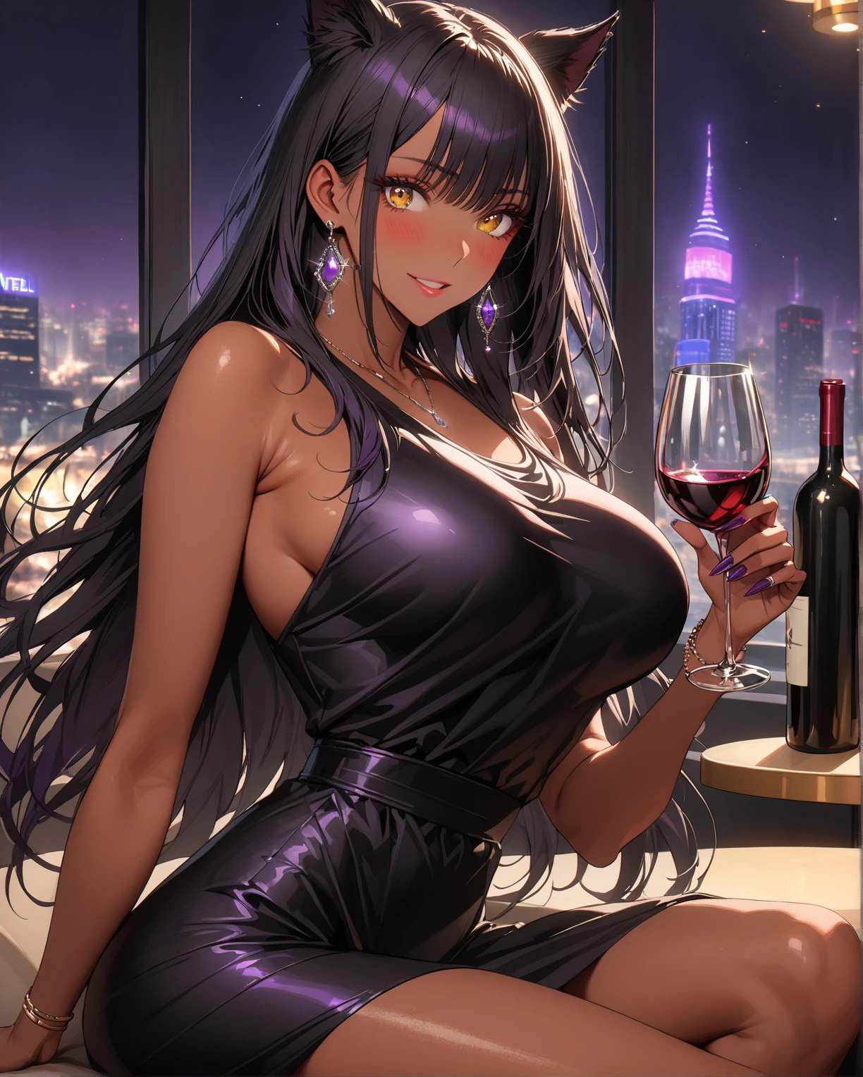 Adult female, milf, busty, hidden hourglass figure, sexy red dress, messy and long black hair, golden yellow irises, defined black pupils, seductive, blushing, casino, drinking wine at bar, sitting at bar, night, perfect eyes, highly detailed, best detail, high quality