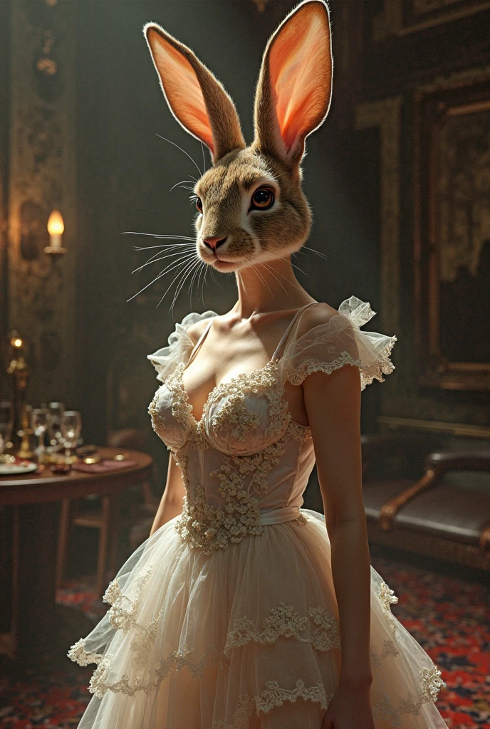 kftenhancer, safe_pos, score_9, score_8_up, score_7_up anthropomorphic rabbit, bunny, white fur, blue eyes, slim build, large breasts, female bp black outfit, bow tie, bunny tail