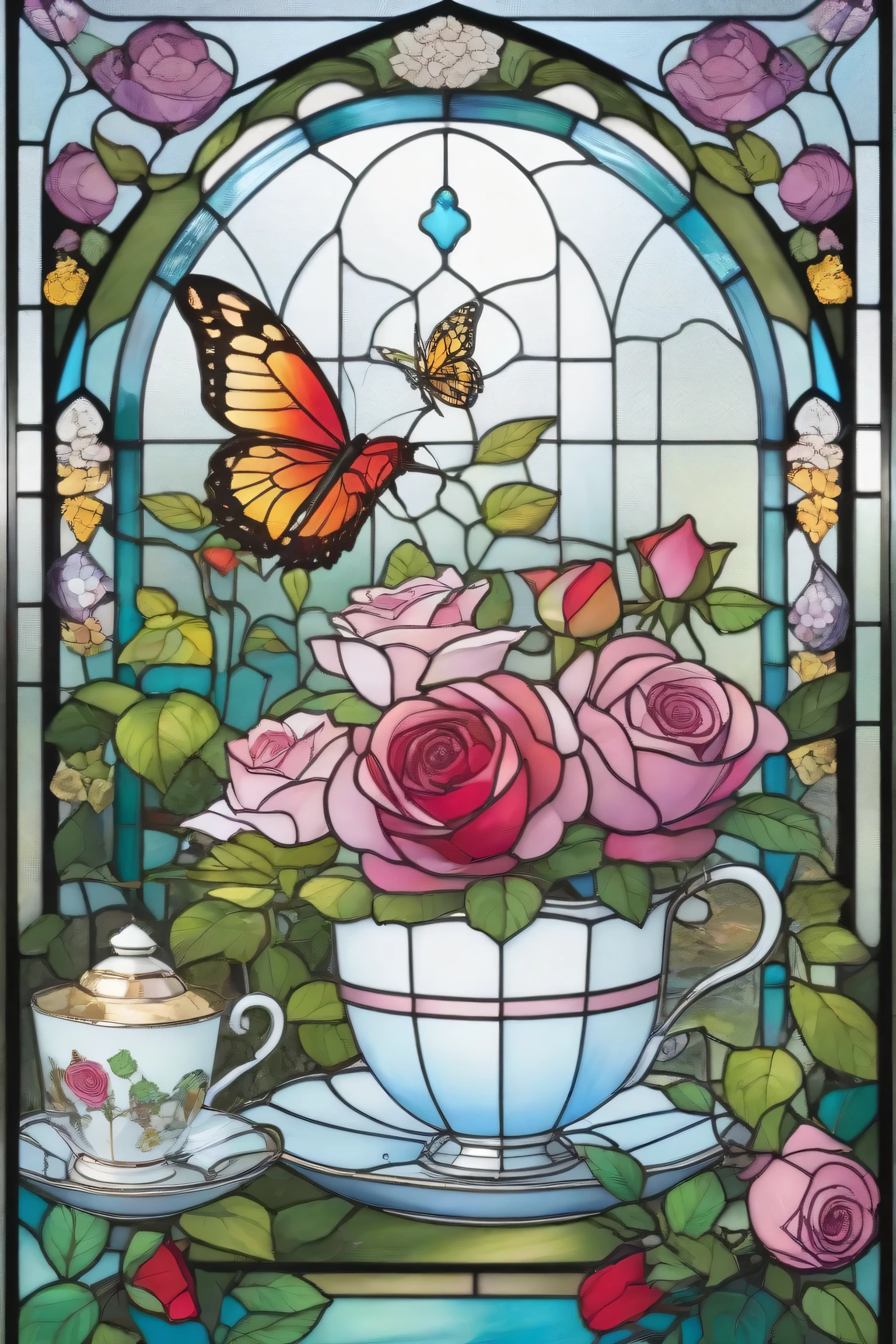 garden、Rose、Wonderland、 tea party、jigsaw puzzle design、stained glass style、glass style 