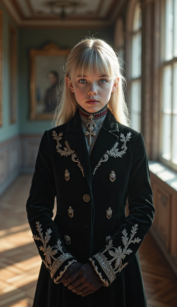 A 10 year old with long blonde hair and green eyes, Alone showing off in a Gothic-style photo, in  with mini skirt. Naked.full 