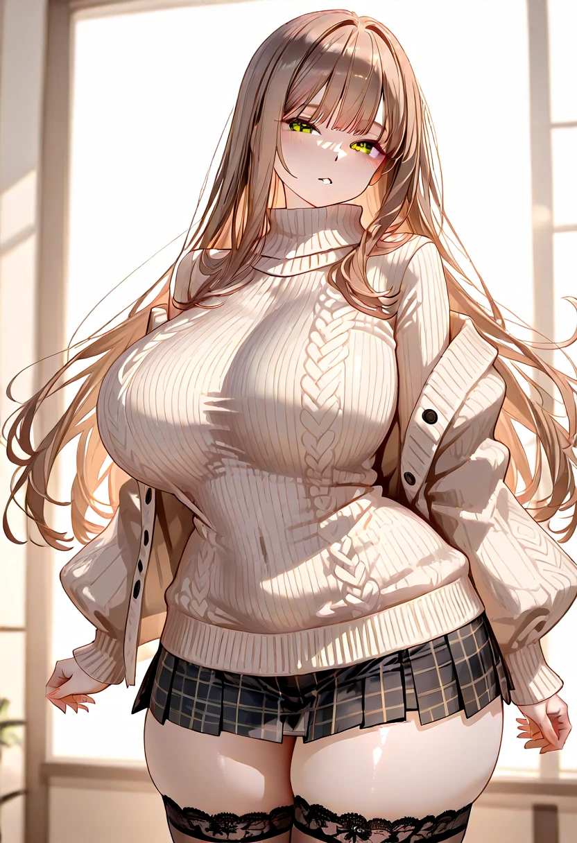 (Masterpiece、Highest quality、Very detailed、4K)、One Woman、18-year-old、Super big breasts、((Virgin-killing sweater))、stand、((膝を外側に開いてstand))
