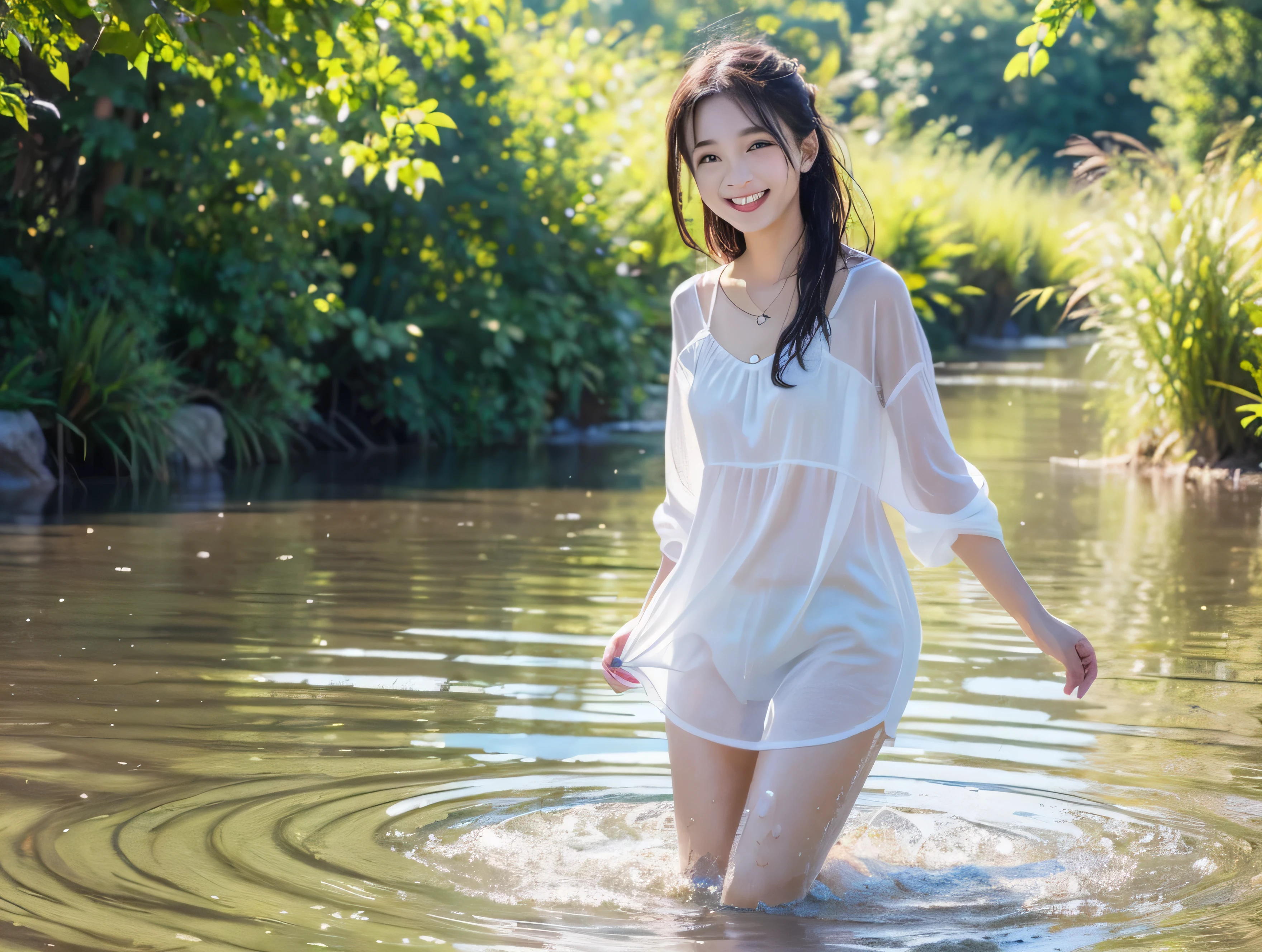 heavy rain,Wet city road ,drenched, Dripping, Wet Face,Wet clothes, Wet Skin, Wet Hair,A young woman with a cute face like an idol,(((Cleavage))),(White blouse),(mini skirt),((Full body portrait)),(((The clothes start to melt in the water and the skin becomes visible.))),RAW Photos,Genuine,Genuine,High resolution,RAW Photos,masterpiece, beautiful
