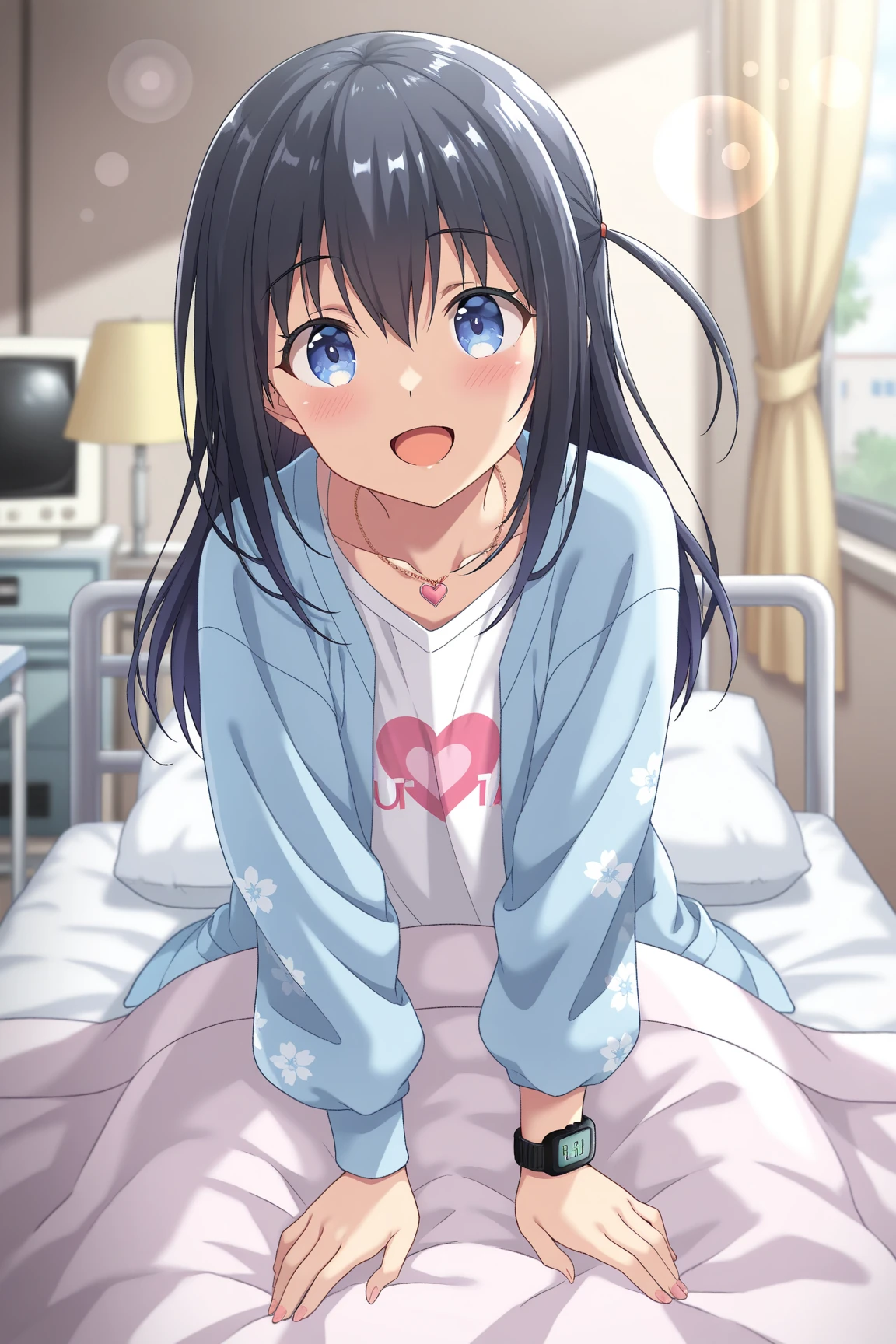 Miss,sitting on bed,anxious face,holding doll,Wear pajamas