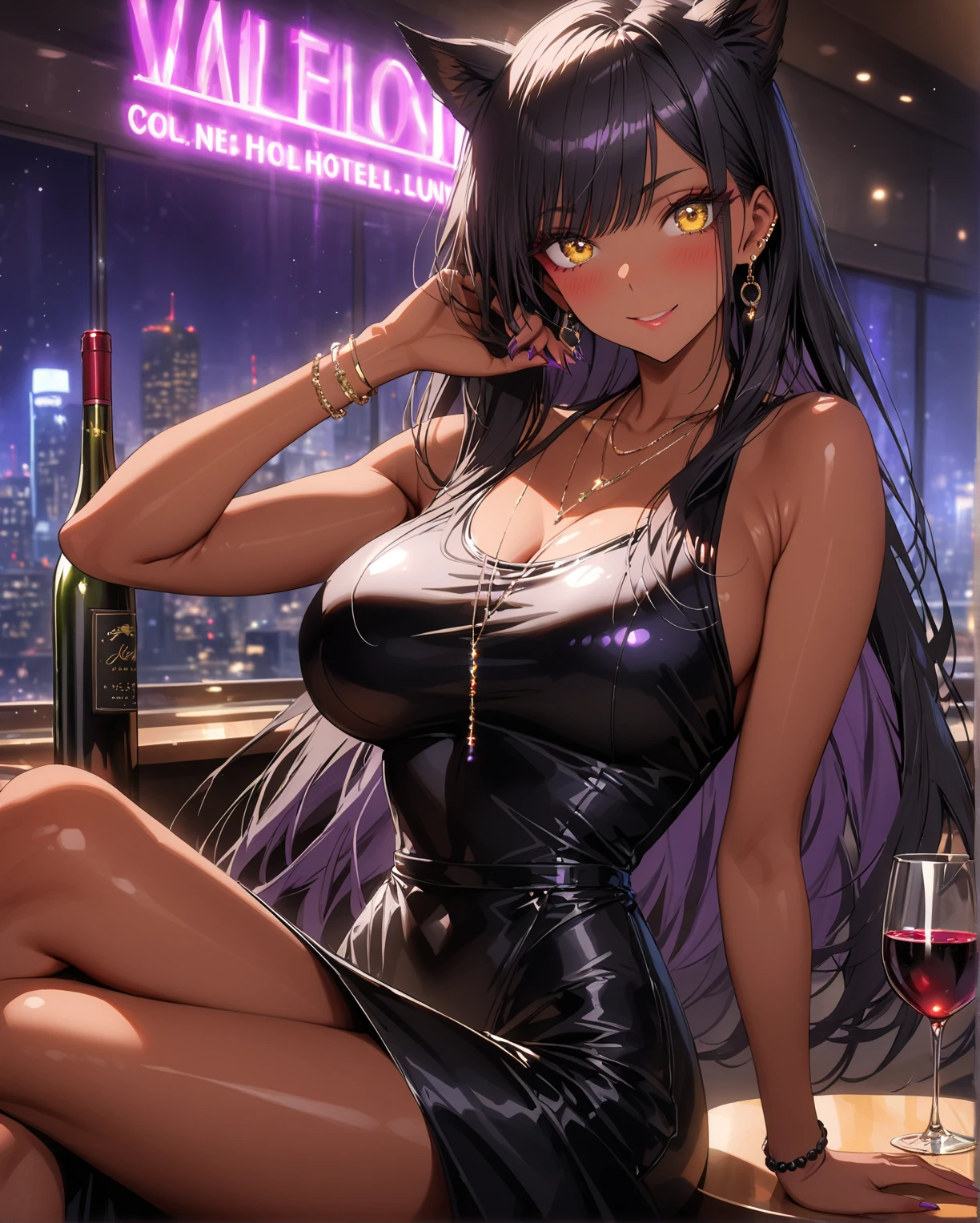 (sit next to:1.3, pov), Accurate human body、Detailed people、Correct five-finger、4K - ultra-vivid、highest quality, masterpiece, Ultra-high resolution, Detailed Background、The perfect background、
(((Oily skin,Sparkling Skin、Realistic skin texture、Detailed beautiful skin、Shiny skin、Slimy skin、Glowing Skin、Shiny skin)))、
((Golden lighting、seductive face、Ecstatic、sexual excitement))
Full Body Shot, Low camera angle, Perfect face and eyes、
(gyaru:1.2,Black straight hair:1.8, blunt bangs 、White skin:1.5、cool beauty gyaru), ((super Slender body、Big Breasts)), (Night dress、split dress、 White dress :1.5、purple eyes、Pink Lip Gloss:1.3), (nightclub:1.1, Night lounge:1.1, Drunk, drink alcohol), A large White sofa 、Young and cute laughing happily