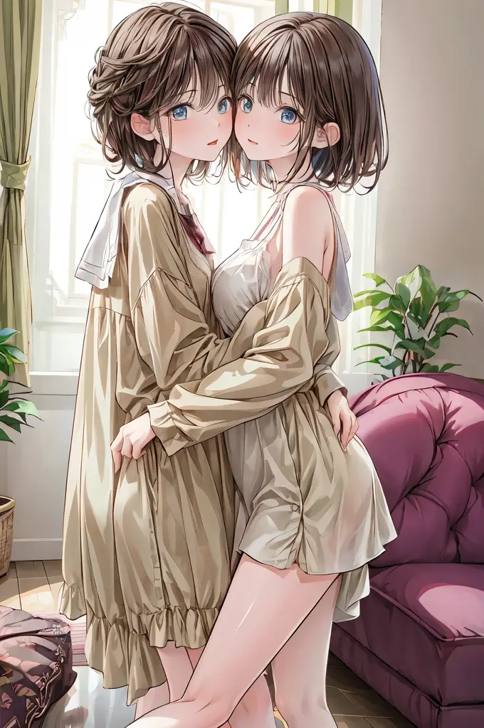 ultra-detailliert, Best Quality, High resolution, ((Two cute little girls with dark hair are lying on their backs in bed and hugging each other。。)), Pretty eyes、Looking at Viewer, pale skin, Petite,( Naked)、(I'm not wearing panties)、(flat chest), (Glasses), (blush:1.2), big eye, An embarrassed smile, Focus on the face、Long hair,