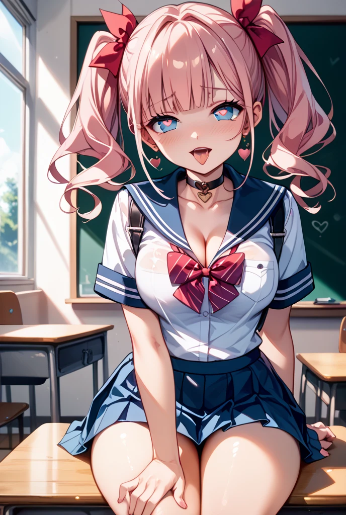 highest quality、High resolution、detailed background、beautiful and detailed face、beautiful and smooth skin、skin texture、professional lighting、
cute10代の美少女、(three women:1.2)、(huge breasts:1.2)、
skimpy sailor suit、plaid pleated mini skirt、braided ponytail、white knee high socks、pink and black floral embroidery panties、pink and black floral embroidery bra、((She happily shows her panties on the classroom desk.:1.5))、legs open、emphasize cleavage、underboob、cute、camel toe