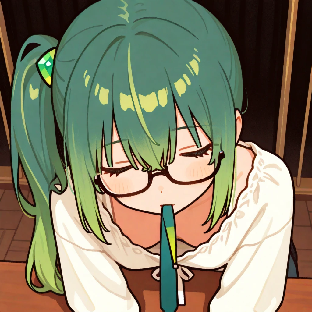 (8k, masterpiece, Best Quality, ultra-detailed, Professional lighting, beautiful detailed faces, bright colors) beautiful chubby mature woman, naked, long green hair tied in a braid, happy smile mouth open tongue out, rolling eyes, wearing glasses, oppai, oppai proportions, golden eyes, whole body visible, outdoor near a lake, pov, sucking giant dick
