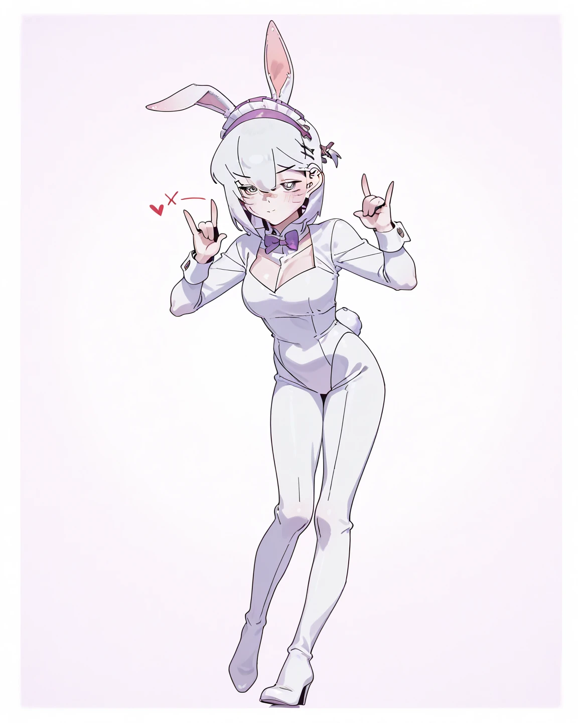 1 girl in、Shocking pink dress、Simple dress、White rabbit ears、White tights、Rabbit tail、White hair、short-cut、Simple eyes、white glove、Evil smile、conspiracy、small tits、Sleeveless、piece sign、simple background