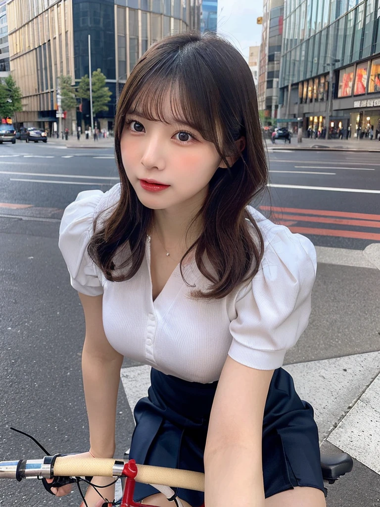 sidewalk, RAW photo, 8K, highest quality, super high resolution, beautiful face details, real human skin, gentle expression, front view, angle from below, long hair, realistic, realistic, cute, short skirt, standing deep in the city, cute , japanese uniform, wearing Japanese , surreal high school girl, full body, (Large Breasts:1.5), good fingers, good hands,