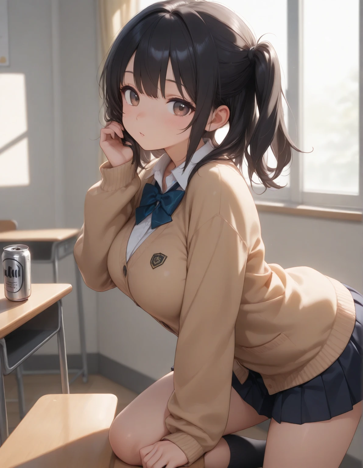 (masterpeace, best quality), , 11 year old, FF7, Aerith Gainsborough, black hair, light purple eyes, petite, schoolgirl, school uniform, upskirt, lace panties, lying on desk, from behind, round bottom, , classroom, smile, fun, volumetric lighting, sunlight, bright