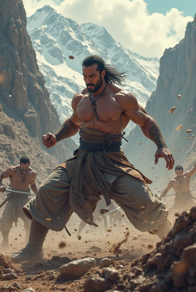 An intense battle scene, with Samson fighting a group of Philistines, using a donkey&#39;s jawbone as a weapon. Dark and somber colors predominate, highlighting the conflict. Samson&#39;s face expresses determination and courage, while the Philistines look surprised.