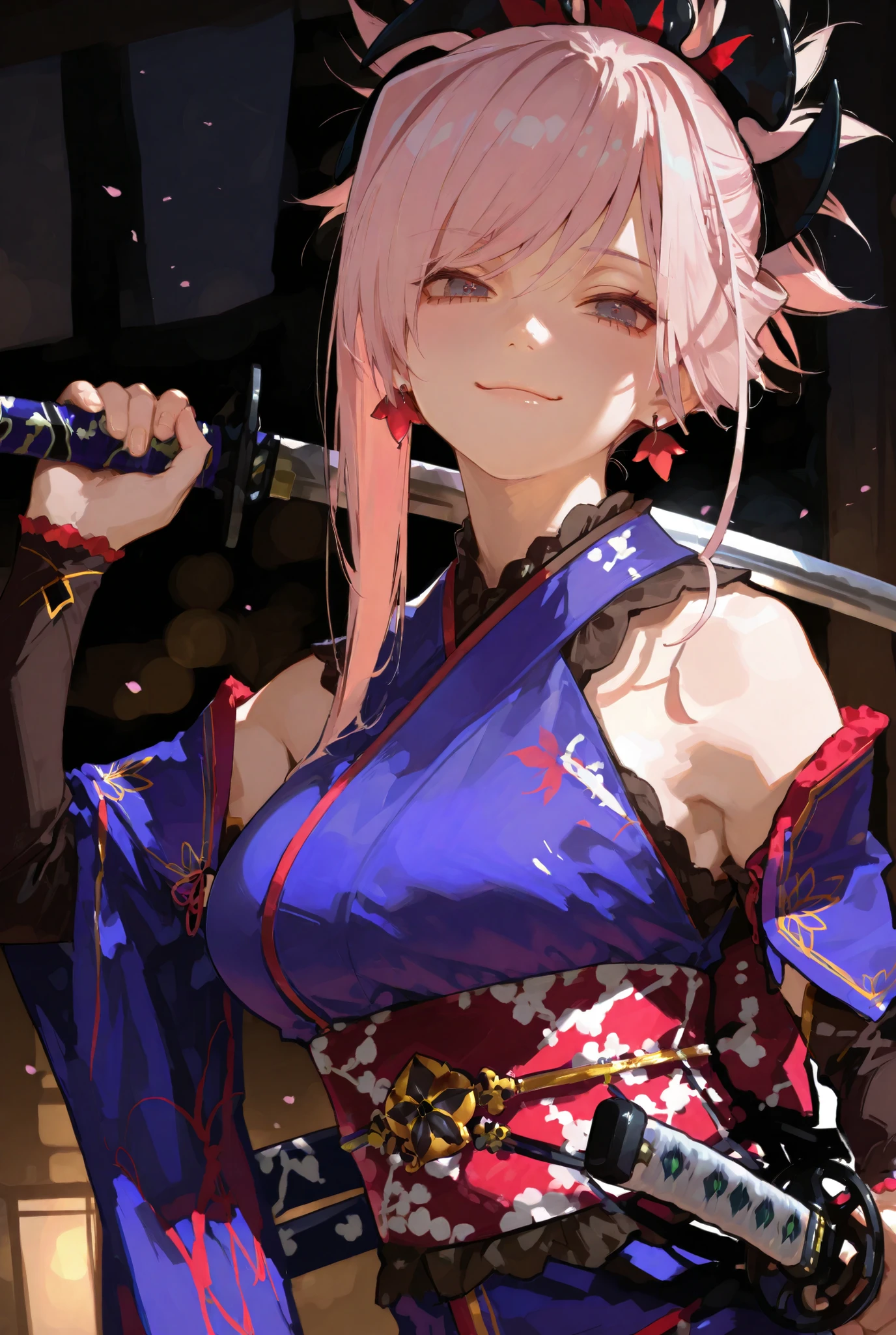 {{{masterpiece}}}, {{{best quality}}}, {{Ultra Details}}, {illustration}, {{very delicate and beautiful}} best quality miyamoto musashi, asymmetrical hair, blue eyes, earrings, hair ornament, pink hair, ponytail, sidelocks,, ,masterpiece,best quality,Amazing Quality Brown Eyes middle Breasts complicated details, realistic lighting, Artistic Photorealism evil smile bare shoulders, blue kimono, detached sleeves, elbow sleeve, japanese clothes, kimono, obi, sash, sleeveless, sleeveless kimono, (lower body:1.1)(((lower body)))(((Holding Katana))) Swordstance Dual wielding