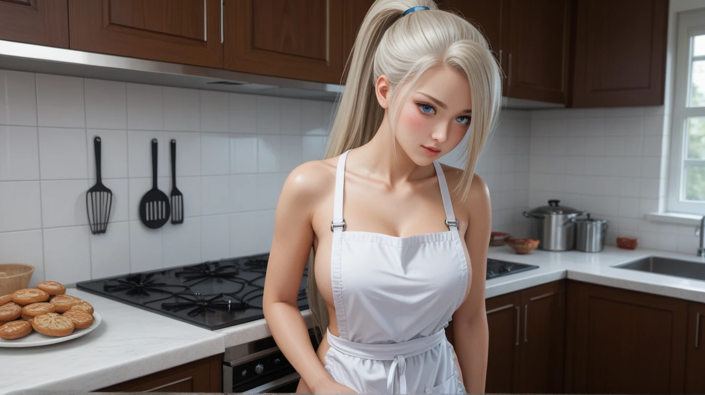 a woman cooking some really saucy sauce in the background while the guy sits and watches her, 1girl, breasts, blonde hair, solo, short hair, mole, cleavage, large breasts, looking at viewer, stove, brown eyes, open mouth, kitchen, cooking, smile, mole under mouth, masutepiece, Best Quality, 1girl in, Solo, Very long hair, braided white hair, blowing hair, Crying, Light blue eyes, skyporn, Rain, White shirt, Wet clothes, close up, look at viewr
