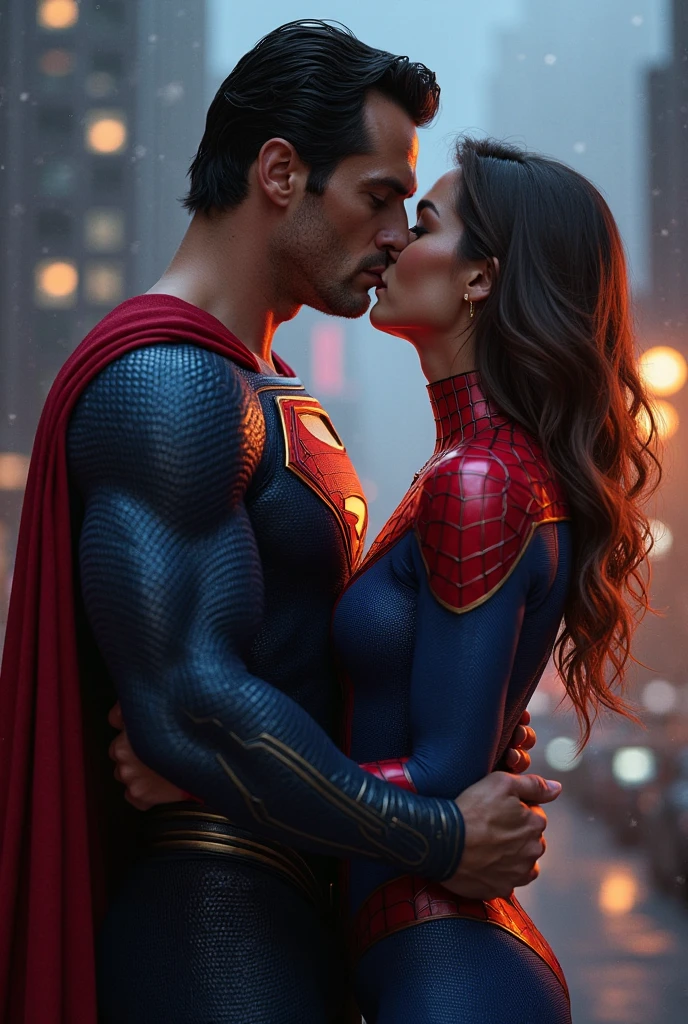 Superman kissing Spiderman