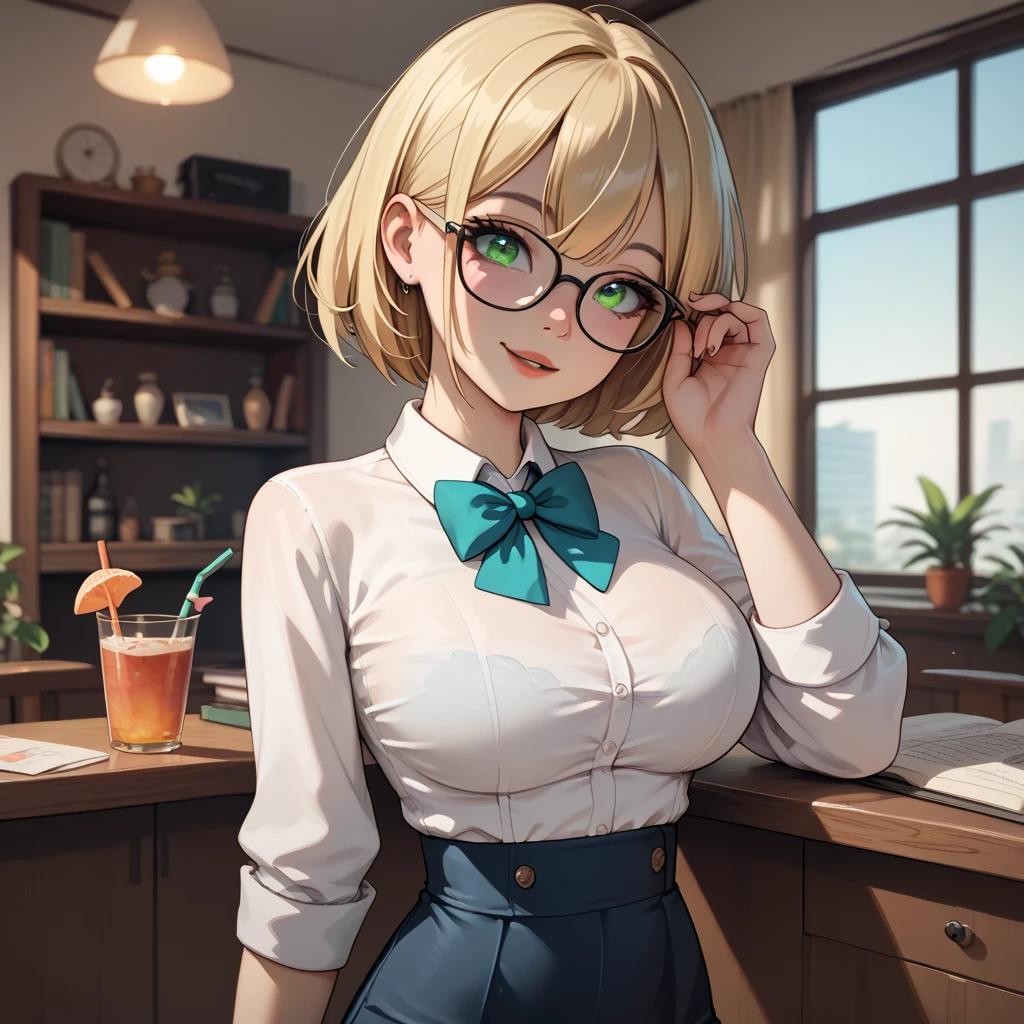 High resolution, 2D anime style,,blue eyes beautiful eyes,high and beautiful nose,thin face,blonde boyish short hair,Cool adult woman,chest is a little big,She looks very happy,bite'lips, she wears glasses,she narrows her eyes,Fashion that shows cleavage,study at a desk by the window,I'Iはイヤホンをつけています,In a forest house surrounded by nature