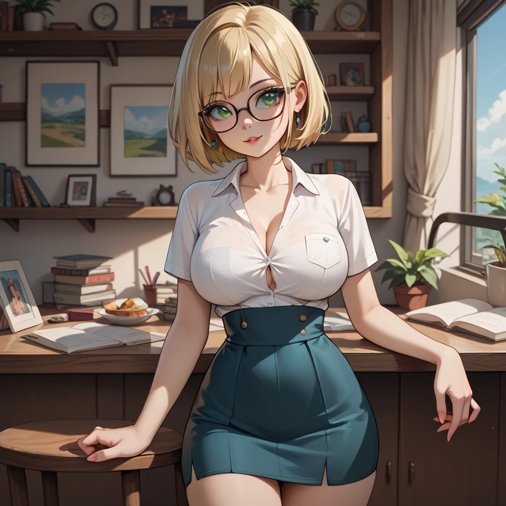 wide shot, ((best quality)), ((highly detailed)), masterpiece, (detailed eyes, deep eyes), (1girl), dynamic angle, cowboy shot, tinkerbell, woman, smile, ((short blonde hair)bun ), ((blue eyes)),firm breasts, realistic proportions, curvy body, lipstick, curvy hips, subtly visible breasts, day lighting, ((petite body)), dark green wool pencil skirt, belt, light green blouse with elbow length sleeves and a square neckline, think rimmed glasses, heels, pearl necklace, hand holding button on blouse, lace bra, classroom background, (((opening blouse to reveal bra)