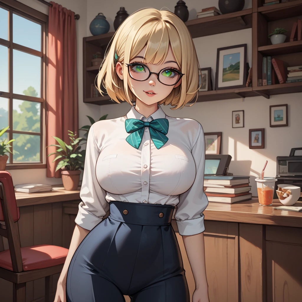 wide shot, ((best quality)), ((highly detailed)), masterpiece, (detailed eyes, deep eyes), (1girl), dynamic angle, cowboy shot, tinkerbell, woman, smile, ((short blonde hair)bun ), ((blue eyes)),firm breasts, realistic proportions, curvy body, lipstick, curvy hips, subtly visible breasts, day lighting, ((petite body)), dark green wool pencil skirt, belt, light green blouse with elbow length sleeves and a square neckline, think rimmed glasses, heels