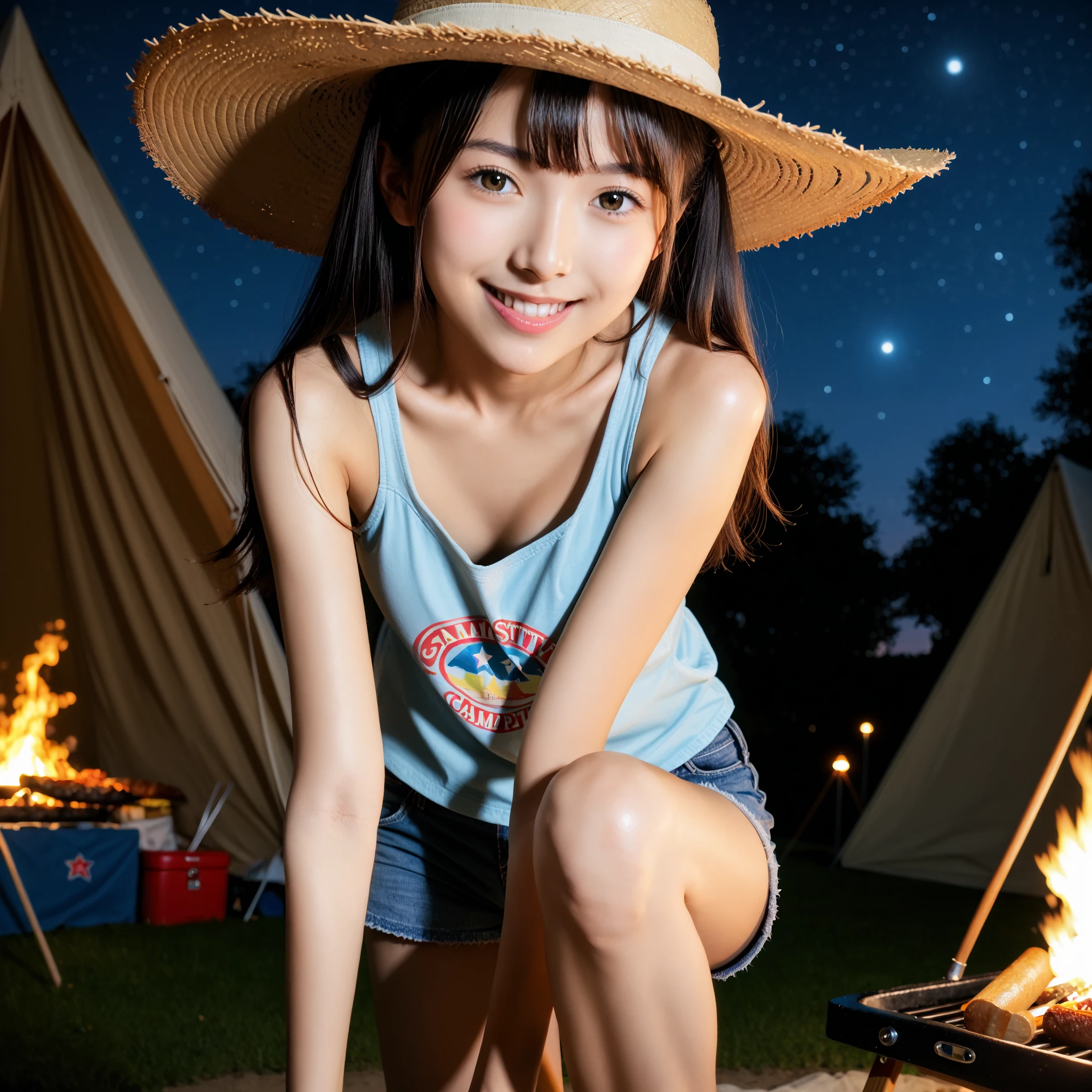 cute, 15歳のアイドルのようにcute日本人少女、Smiling Kindly、Small breasts、Cleavage、mini skirt、Campsite at night、Grilling meat on a barbecue、whole body、RAW Photos、Genuine、Real、realism、Raw photo、High resolution、Life、No copyright notice