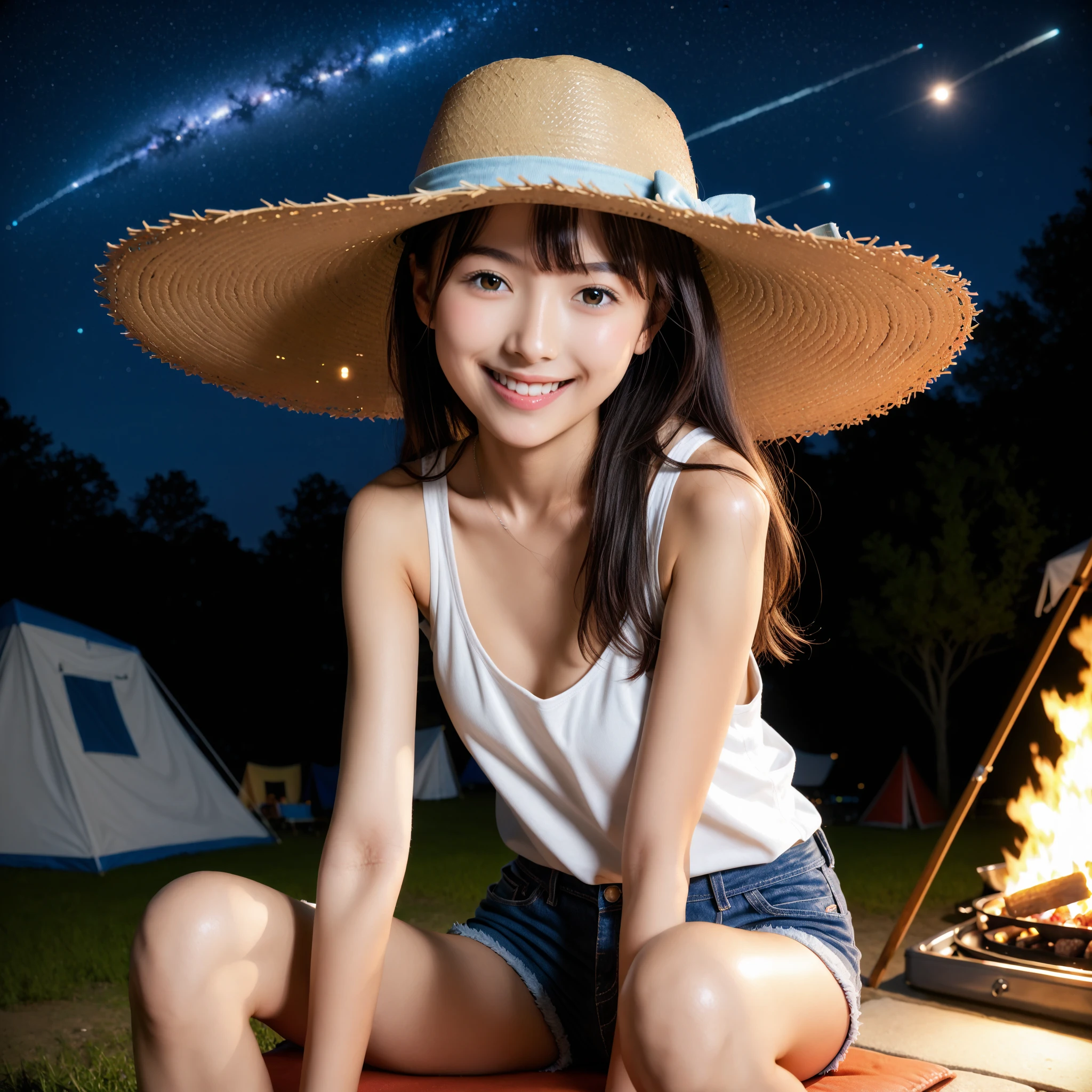 (((Do not split screen)))、A 20-year-old woman with a very cute face like an idol、Smile a little,(Cleavage)、(((Beautiful starry sky on the beach at night)))、((cinematic lighting))、(((The lighting is dim, with only starlight.)))、((Long-distance shot))、RAW Photos、Genuine、live-action、((live-actionと見分けがつかないクオリティ))、(Artistic Expression)、High resolution、masterpiece