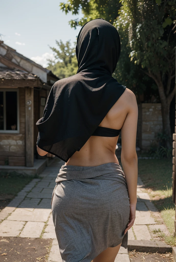 with black headscarf, White skinned, black sweatpants, While the barefoot woman is sunbathing in the garden of the house, the people around her look at her with admiration