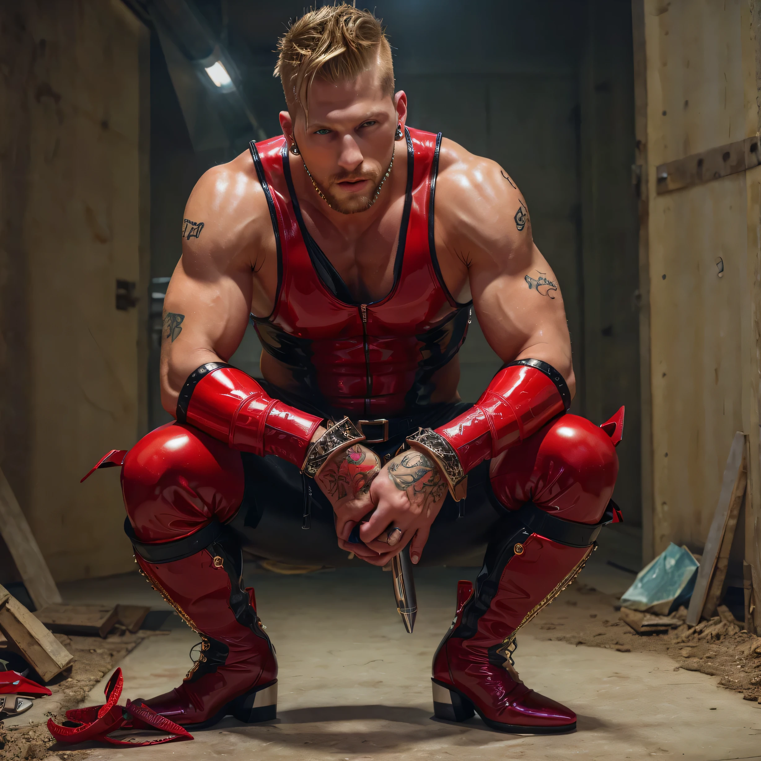 white man with red hair and beard, he is wearing black leather harness, he is naked, BDSM environment red lights, he is on all fours on the floor, gay man, sensual, sexy, ultra-detailed,(realistic,photorealistic,photo-realistic:1.37),HDR,studio lighting,professional,
