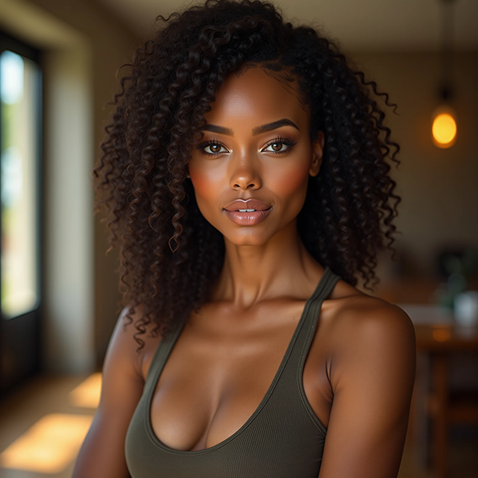 beautiful woman, with brown hair, long curly hair, blue eyes, dark-skinned, naked, showing your feet
