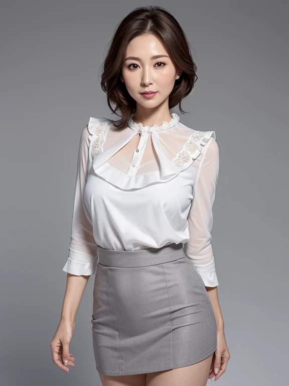 Pale solid color background,masutepiece, Best Quality, Photorealsitic, super detailed skin, Sharpen, Perfect Anatomy, Anatomy, japanese mature, 独奏, 45 yers old, Large breasts, Plump body, Keep your mouth tightly closed, Serious look,oFemale teacher, glamor, A sexy, Chromo-white skin, erect through, Thighs to head, White blouses,Navy blue skirt, Staring at this, Looking at Viewer