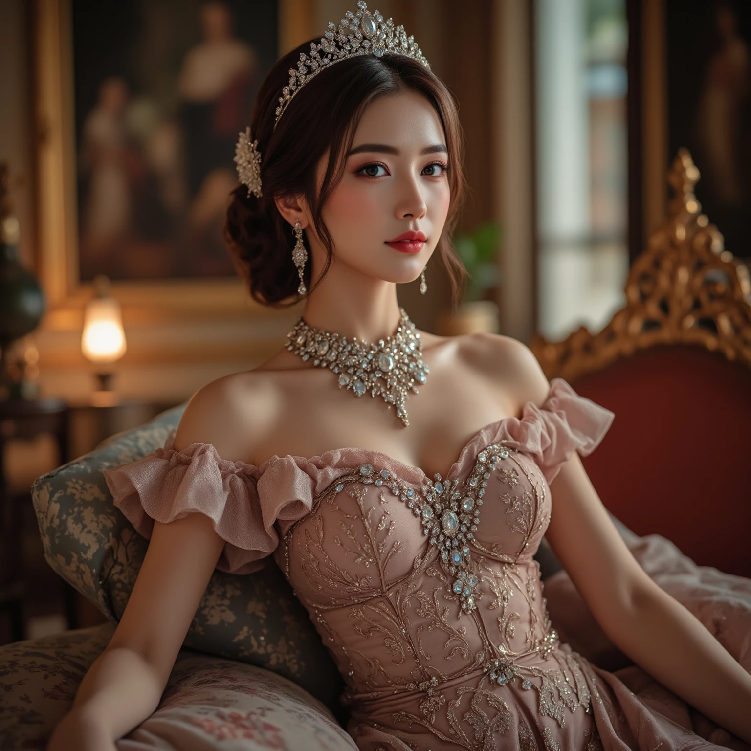 Girl in fancy clothes and wearing jewelry sitting on a sofa.