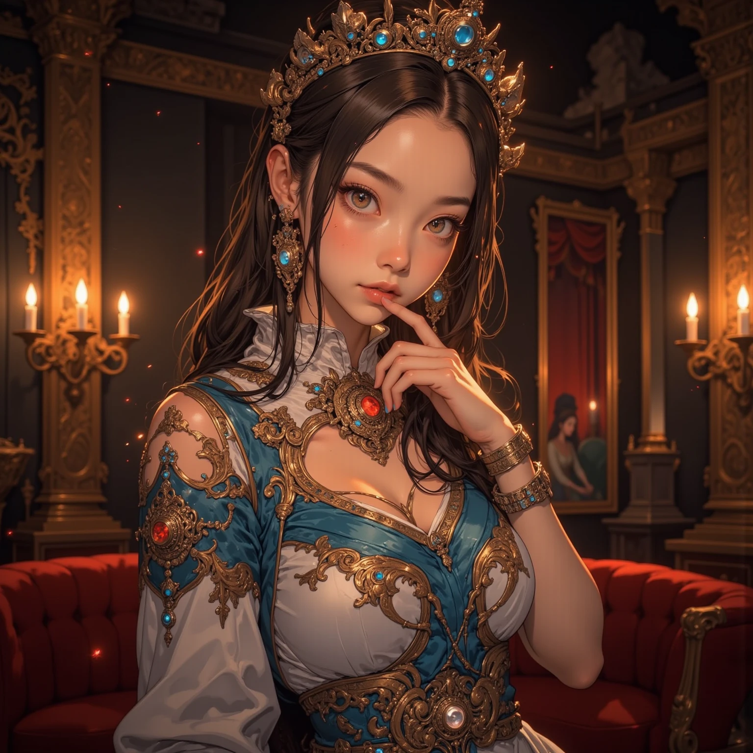 official art, unity 8k wallpaper, ultra detailed, beautiful and aesthetic, High quality, beautiful detailed face eyes lips mouth hair, masterpiece, best quality, (zentangle, mandala, tangle, entangle:0.6), warm smile, twinkle, queen, red, red, red