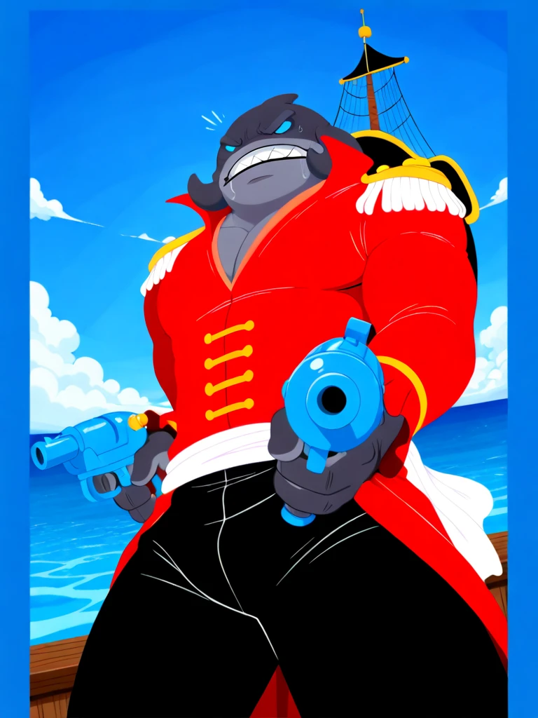 <lora:Archie_IL:0.97> archiepokemon, 1man, dark skin, beard, blue bandana, bara, muscular, bodysuit, wetsuit, cowboy shot, hairy, wrinkles, man on 40s, brown eyes, facial mark, sitting on rock, stormy sea, waves, heavy rain, rain, stormy weather, windy, frown, thunder, dramatic, outdoor, holding pokeball (basic), looking at viewer, gold anchor necklace, gold belt, wet, soaked