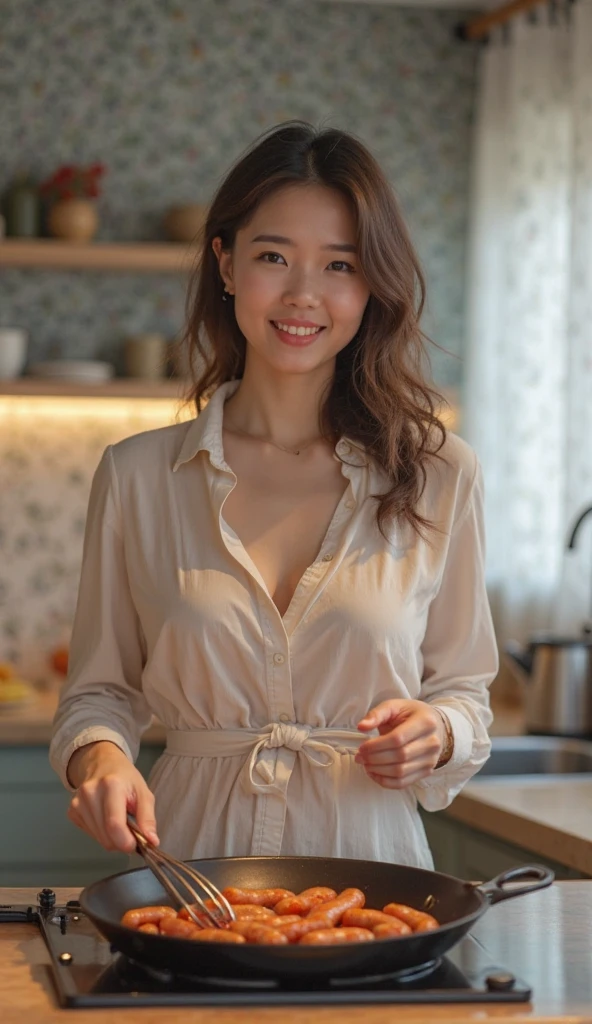 Very detailed CG Unity 8k 壁紙, Highest quality, Very detailed, masterpiece, Realistic, Realistic写真, Very detailed美しい女の子, Age 25 , (office lady), smile , Round eyes, Small breasts , Viewers watch, Half Body Shot , kitchen , breakfast , Trendy hairstyles 最高のbreakfast Opens the chest Summer Casual Fashion