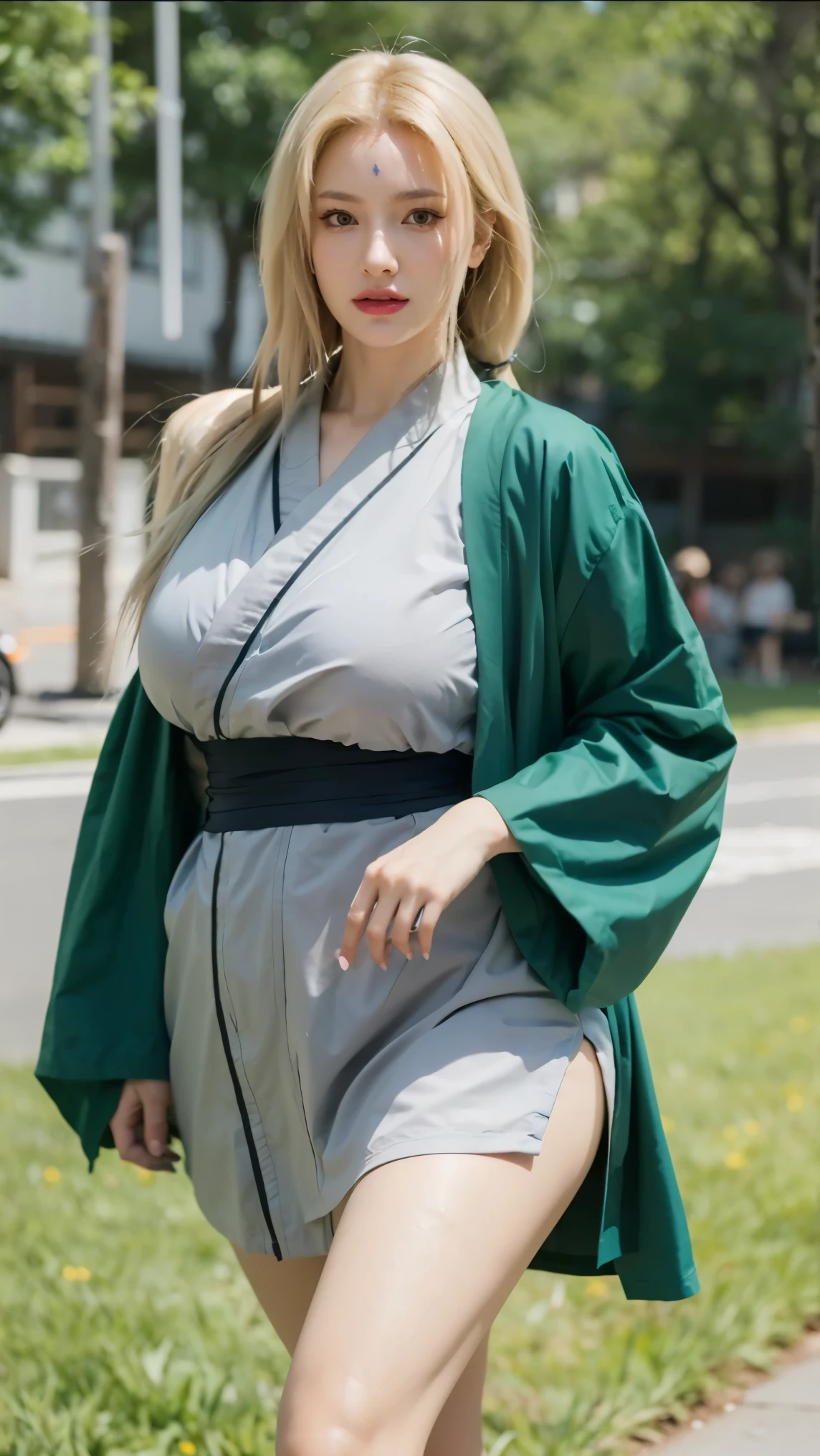 (masterpiece, best quality: 1.2), solo, 1girl, tsunadedef, forehead mark, big breasts, big cleavage, smile, looking at the viewer, hands on hips, japanese dress, green haori, gray kimono, sash, pants, realistic  , real