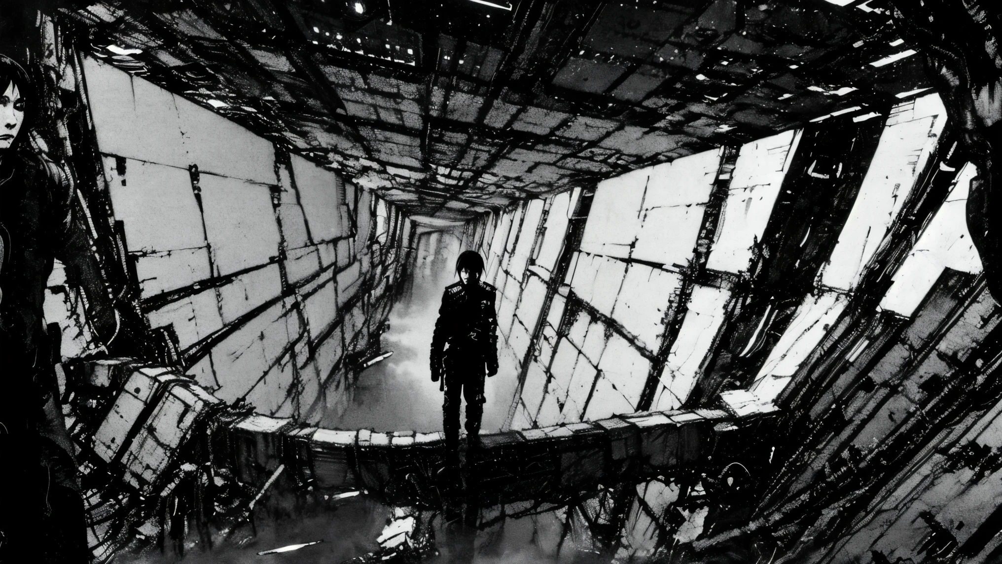 solo，blame, tsutomu nihei, by tsutomu nihei,movie, killy, GBE,1boy ,ova, short hair, black hair，standing in a vast dystopian megastructure, inspired by Tsutomu Nihei's BLAME!，wearing a sleek black tactical exosuit with modular armor plates and complex belt systems，realistic manga character rendering，a top-down view of a lone futuristic soldier walking on a narrow metallic bridge suspended over a deep industrial shaft, the bridge made of light gray metal panels with surface scratches and wear, dark sci-fi environment, red glowing circuits on the walls, ambient blue light, extreme depth below, cinematic tension, high detail, dramatic lighting，ultra-detailed illustration, monochrome palette with red highlights, cinematic lighting, high contrast shadows, ink-style rendering

