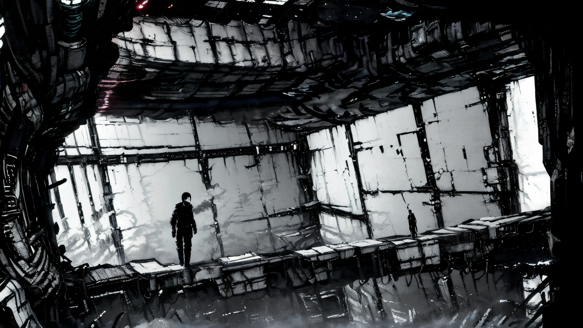 solo,blame, tsutomu nihei, by tsutomu nihei,movie, killy, GBE,1boy ,ova, short hair, black hair,standing in a vast dystopian megastructure, inspired by Tsutomu Nihei's BLAME!,wearing a sleek black tactical exosuit with modular armor plates and complex belt systems,realistic manga character rendering,a top-down view of a lone futuristic soldier walking on a narrow metallic bridge suspended over a deep industrial shaft, the bridge made of light gray metal panels with surface scratches and wear, dark sci-fi environment, red glowing circuits on the walls, ambient blue light, extreme depth below, cinematic tension, high detail, dramatic lighting,ultra-detailed illustration, monochrome palette with red highlights, cinematic lighting, high contrast shadows, ink-style rendering