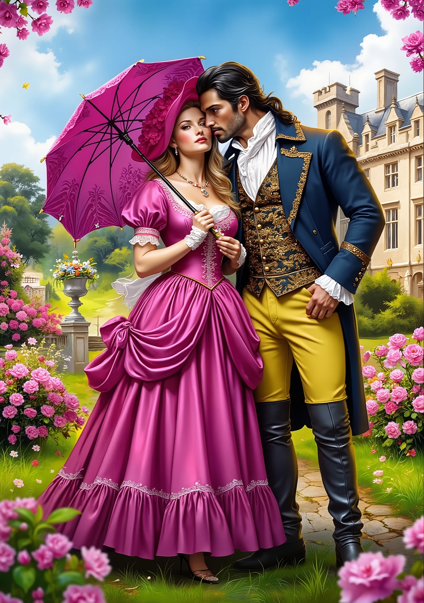 (((EXTREMELY DETAILED ULTRA-REALISTIC FOREGROUND 3D RENDER: 1.4)))  vibrant vivid etheral hyperphotorealisticdigital digital passionate art, on foreground vividvibrant contrasting, beautiful passionate shy blonde Russian girl in a bright silk French curvy dress. beautiful muscular long-haired black-haired passionate cheeky sexy BRUTAL aristocrat man in plain clothes (pants, vest, unbuttoned white shirt, frock coat) high boots hugs the girl from behind and kisses beautiful model faces in the ear. In the background, an English castle, blooming garden.Ideal for bookcover. extremally professioanal,scene,many detailed,dynamic angle, extremally professioanal,scene,many detailed,trending. Красивые model faces . ratio 2:3, model faces, only image-no text, emotional poses,  expression . model faces , seductive, Languidly,  is intriguing . hd, hi-rez, 16k, complementary bright color scheme, MUCH DETAILED, hyperrealistic,  Masterpiece . Rich contrasting rich colors, bright shades,  contrasting ! ratio 2:3. Perfect composition for 2 aspect ratios:3. cumshot photorealistically!!! Light illuminates every detail. Perfect smooth silk hair. [[[Draw a soft, dreamy watercolor]]] The background has variations in blurred tones, composition that evoke calm, ethereal atmosphere. Soft light shines through the, the smoky quality of the. subtle details are gently defined, enhancing the overall gentle and picturesque effect of the. , showing shades of deep color with subtle details around the edges, scene creating a vivid contrast with the cream, the muted background and the simplicity of the elegant, Fleeting beautiful moments are fragile, but immortalized in art. (((EXTREMELY DETAILED ULTRA-REALISTIC 2D FOGGY PASTEL BACKGROUND: 1.2))) (man - half a snake, scales on arms, the white-haired man has a white, has a black, snake tail with scales below the waist: 1.6) (красивые model faces  и ногти с прозрачным маникюром: 1.5)