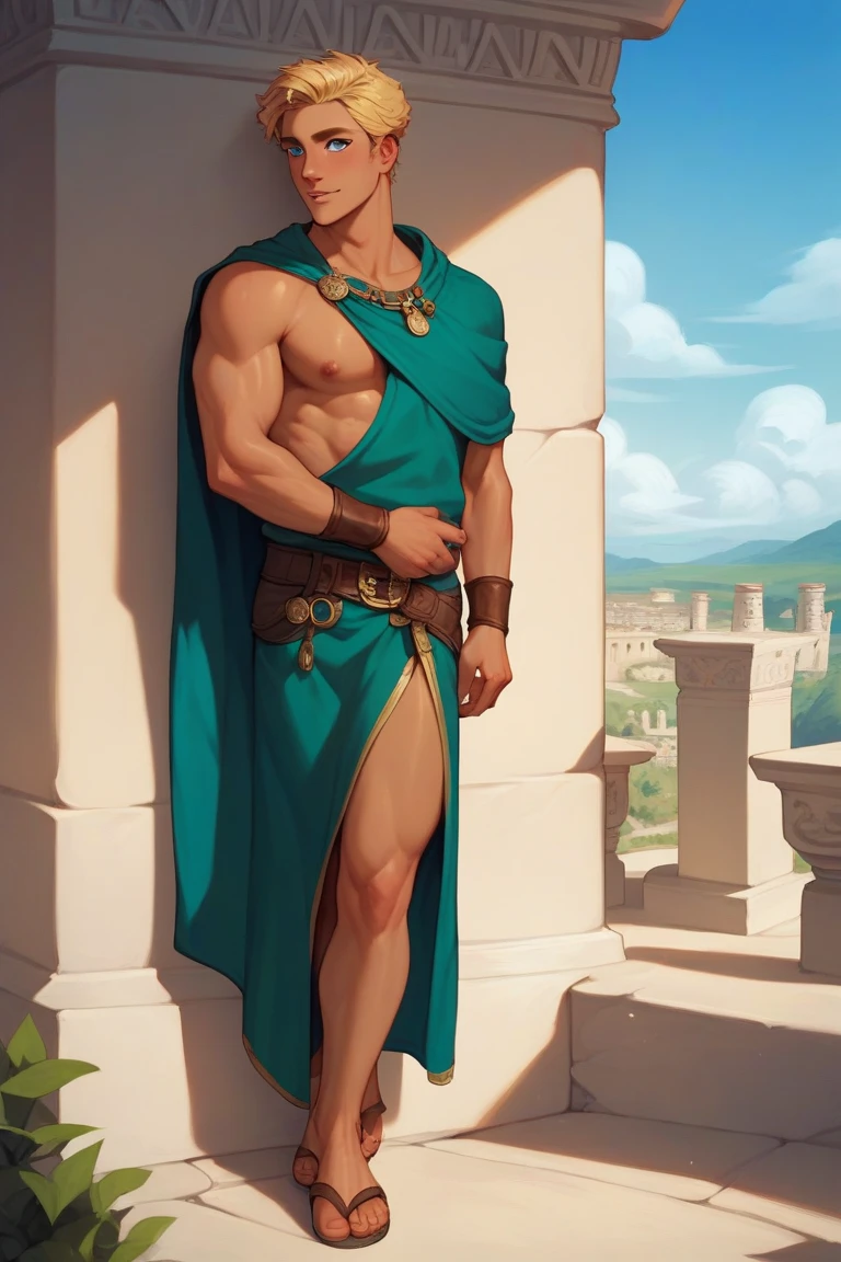 Poseidon Knife,a Greek god with hair and a long brown beard with some white strands,He has a tridnet in his hands,high evening,stark,full of thick and huge muscles,male from male,wearing ancient Greco-Roman vestments, he will be having sex with the goddess Aphrodite ,A GREEK GODDESS, with blond hair,beautiful face and body and green Greco Roman costumes that leave her body semi naked, the two of them are in a forest with Greco Roman architecture