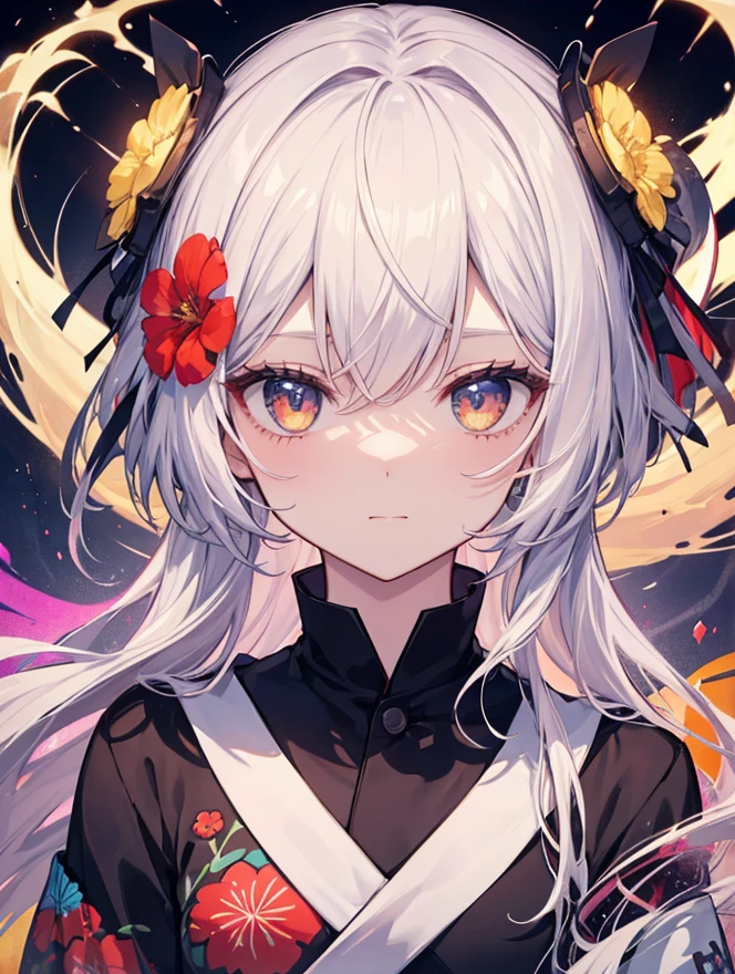 oha style,1girl,solo,upper body, sleeveless turtleneck, large breasts, yellow eyes, red hair, white hair, portrait, white background<lyco:omone_hokoma_agm_style:1>