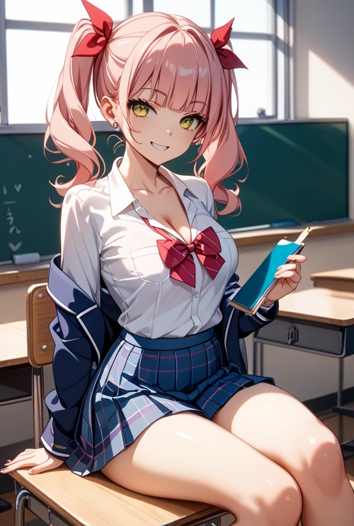 (throw_hand, pink vibrator remote switch in throw_hand, throw:1.2), highest quality, Super detailed, masterpiece, Ultra-high resolution, 8k, Ridiculous, Cowboy Shooting, Blurred, One girl, Focus on the girl, Embarrassing, blush, Lovely, Close one eye, With tears in her eyes and her mouth open, What saliva leaves behind, Wet skirt hem, (Sticky panties:1.1), (Light blue striped underwear), Bulging of the vibrator cord, Vibrator with Garters, (medium breasts), (school uniform), (cleavage), bent over, Classroom Background, (black stockings), (Thighs), (Waistline),(horn)