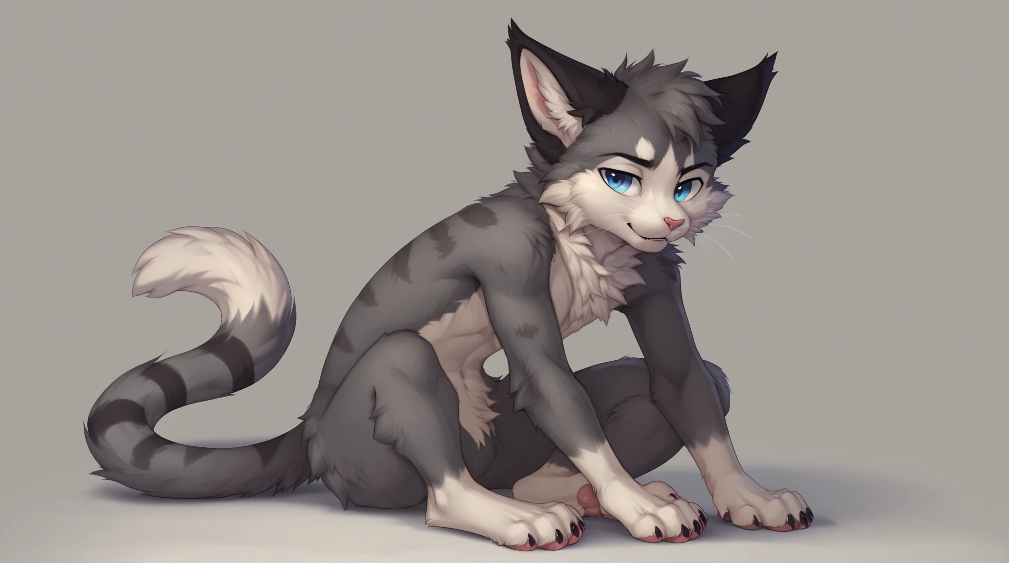 A quadrupedal cat with an animal stick, dark brown color, blue colored eyes, simple background, has no human characteristics, detailed animal penis, Unclothed, sexly