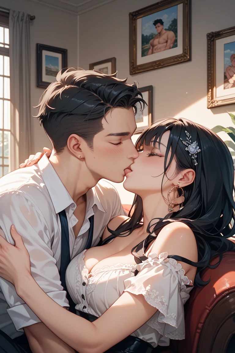 ((masterpieces)), best quality, outstanding illustration, a couple kissing, soft focus, 1 boy with short black hair, forehead hair, YELLOW EYES and wear a black suit, 1 girl with long black hair, no bangs, PINK EYES and wear a white shirt and a black skirt, in luxurious livingroom, opulent and exquisite atmosphere, soft light and warm lighting. A boy taller than a girl, and they kiss each other with passion