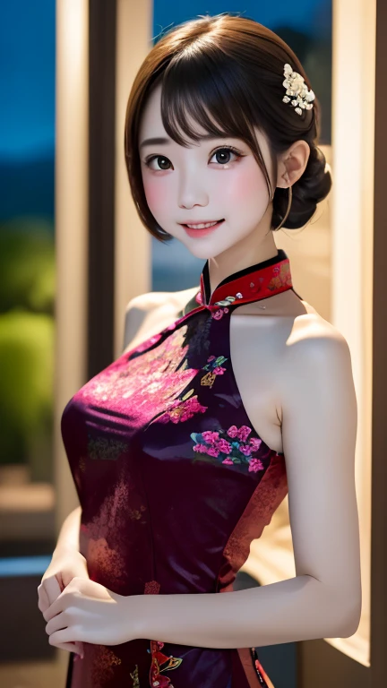 ((Best Quality, 8K, masutepiece: 1.3)), Super beautiful like the real thing)1(Beautiful breasts:1.3), (Abs, Slender figure: 1.1), Sharp Focus, (((Intricate details)), high detailing, Upper body, One black twin bun hair with bangs, (Luxury Satin Cleavage Cutout Evening Cheongsam:1.5), Detailed evening dresses, 8K, 8K resolution, clean detailed faces, Detailed body, detailed clothes, Sharp Images, Hyper Sharp Image, Japan anime concept art, Trending on ArtStation, Look at viewers, Facing the viewer, gazing at viewer, Seductive Sexy Pose, Seductive smile, pink lipsticks, Bokeh, field of depth, 8 life-size, 8K resolution, Upper body image, shot on EOS 5D Mark IV, 35mm lens, F1.8, luxury hotel, non-human background, Frame the head, detailed human hands, Perfect human hands, Perfect Anatomy, perfectly proportions, super sharp focus,