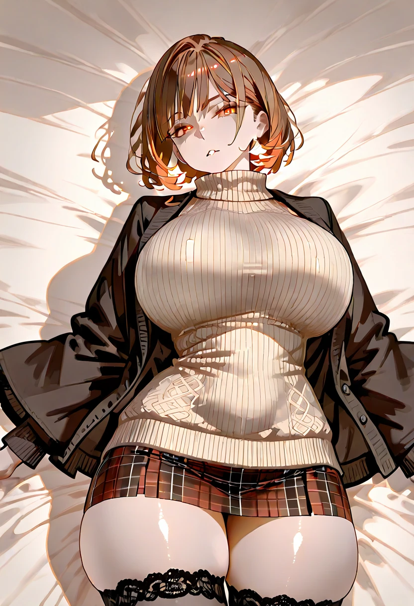 masterpiece, highest quality, so beautiful, Sweater dress,Handwriting,Brown Hair,Big Breasts
