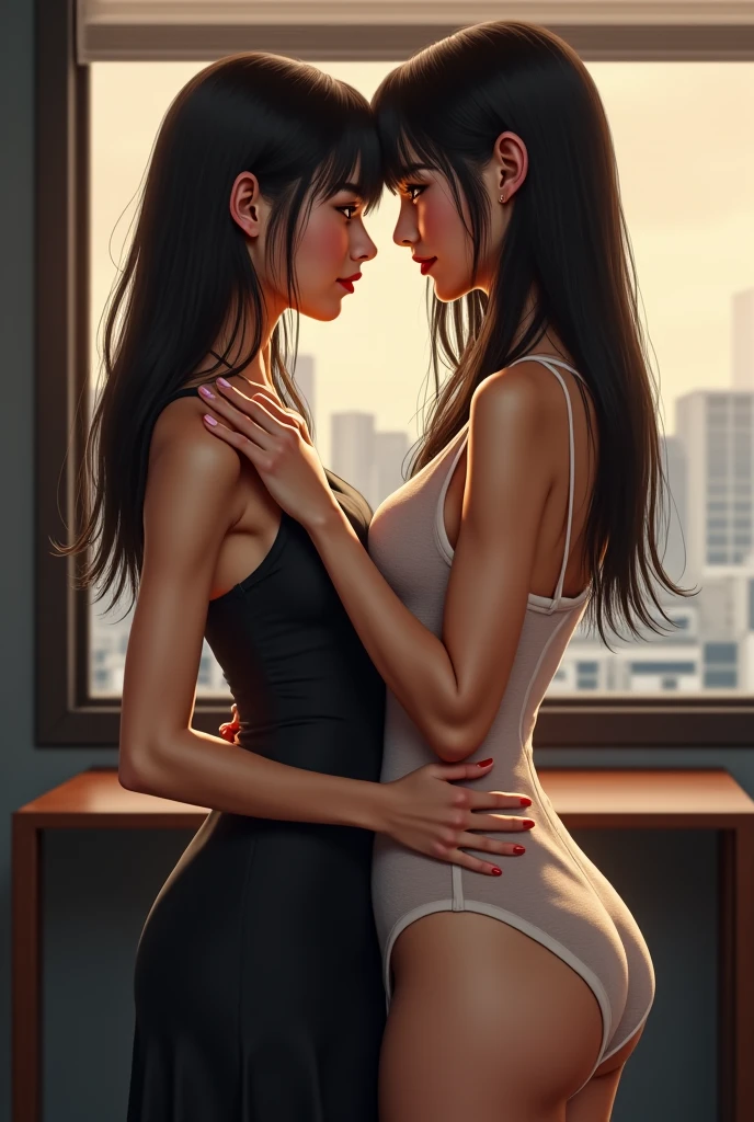 2girls, wearing nothing but panties, holding each other's breast
