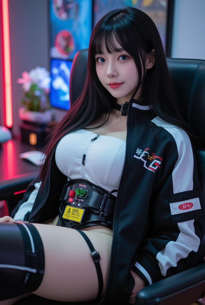 (beautifull streamer lady, ((wearing hijab)), wearing glasses, looking to the computer monitor, wearing expensive headphone, talking to a microphone, sit on luxury gaming chair, wear mini sport bra and mini skirt, expensive gaming room, full of gaming tools, neon flex on the wall, lamp off, expensive gaming pc on gaming desk, (show cleaveage), beautifull face, beautifull eyes, beautifull nose, sexy lips, raytracing, nsfw, beautifull fingers, beautifull hands, sexy belly, sexy body, sexy shoulders, sexy legs, sexy hips, (luxury bracelet), (luxury ring), (luxury necklace), white skin, (4 fingers in 1 hand), full body picture, pretty makeup, good lighting, realistic shadow, professional photography, blue color scheme, 2k resolution, perfect anatomy, nsfw, view from top angle